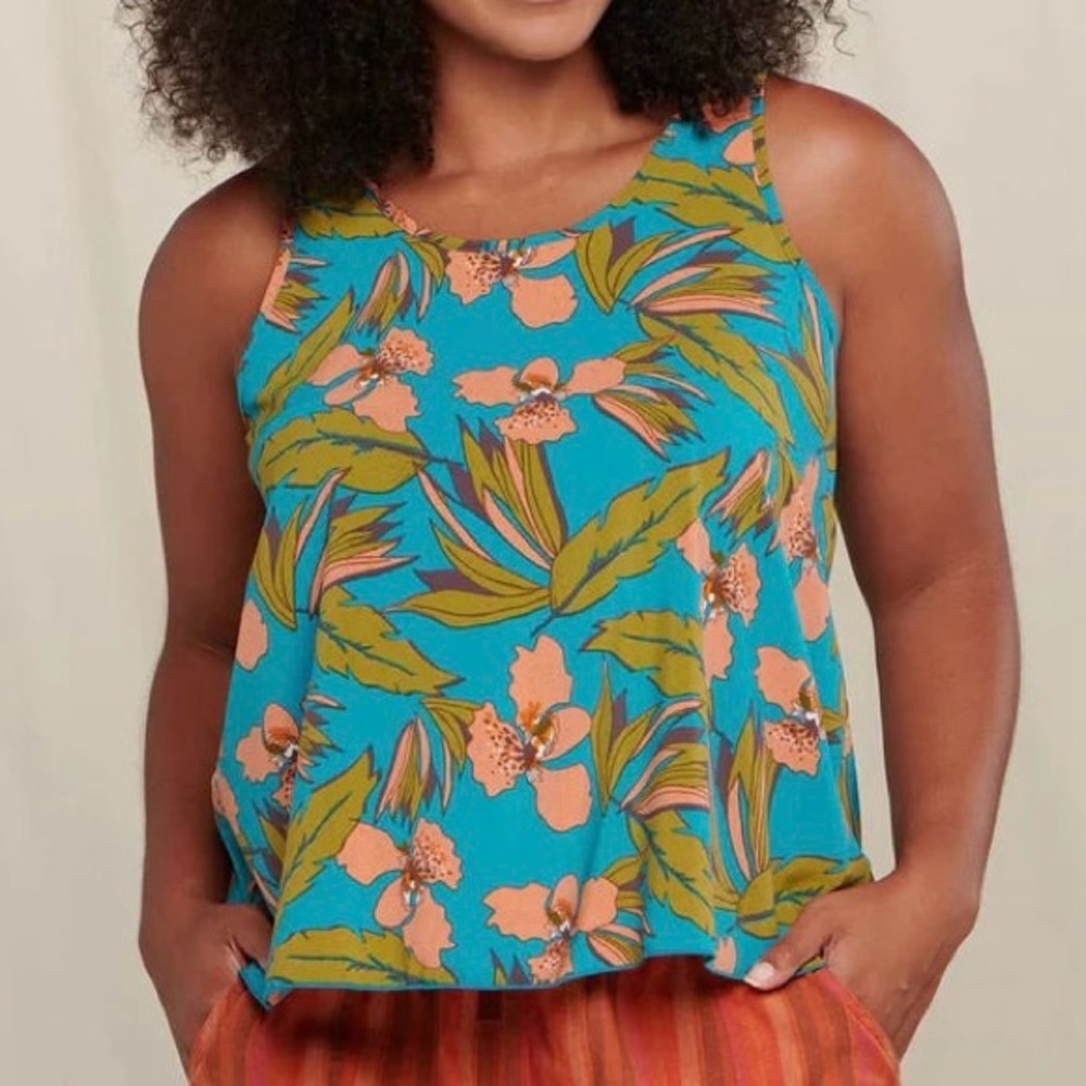 Toad&Co| ‘Sunkissed’ Tropical Floral Blue Orange Boxy Sleeveless Tank Top Sz S